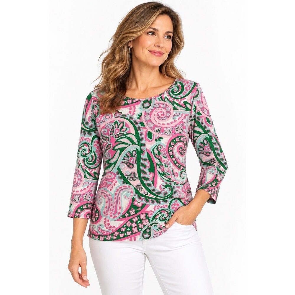 Talbots Tee Womens Large Pink Green Paisley 3/4 Sleeve Cotton Stretch Top